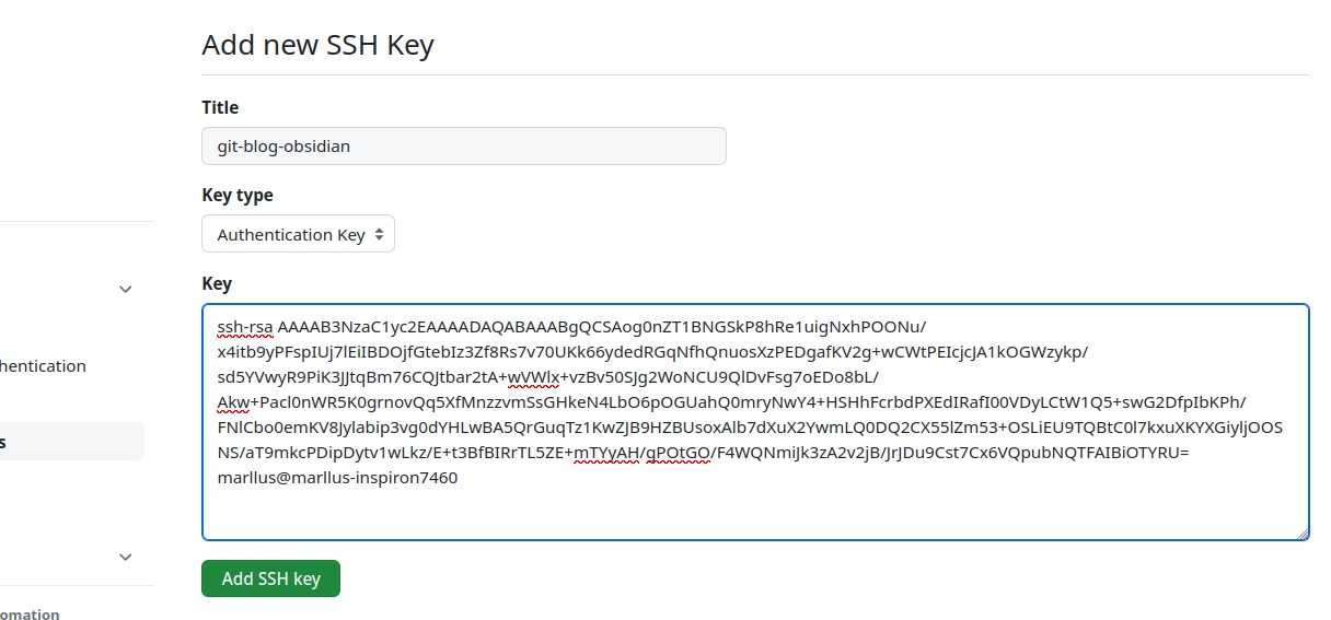 Inserindo a chave pública no github.'